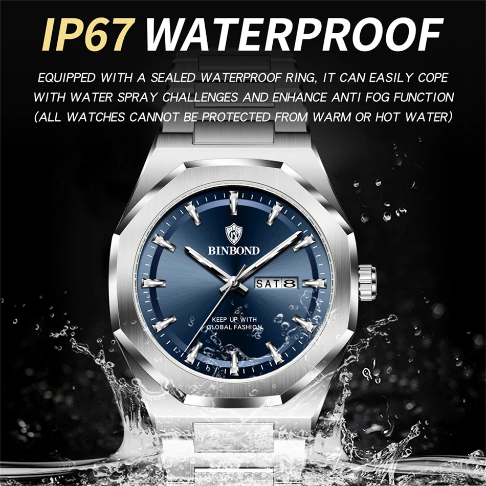 BINBOND Luxury Quartz Man Wristwatch Sport Men Watches Waterproof Luminous Date Week Stainless Steel Men&