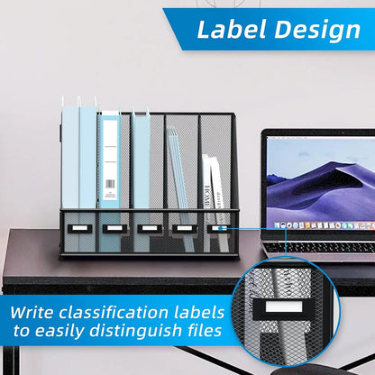 Metal Desk Magazine File Holder with 5 Vertical Compartments Rack File Organizer for Office Desktop, Home Workspace, Black