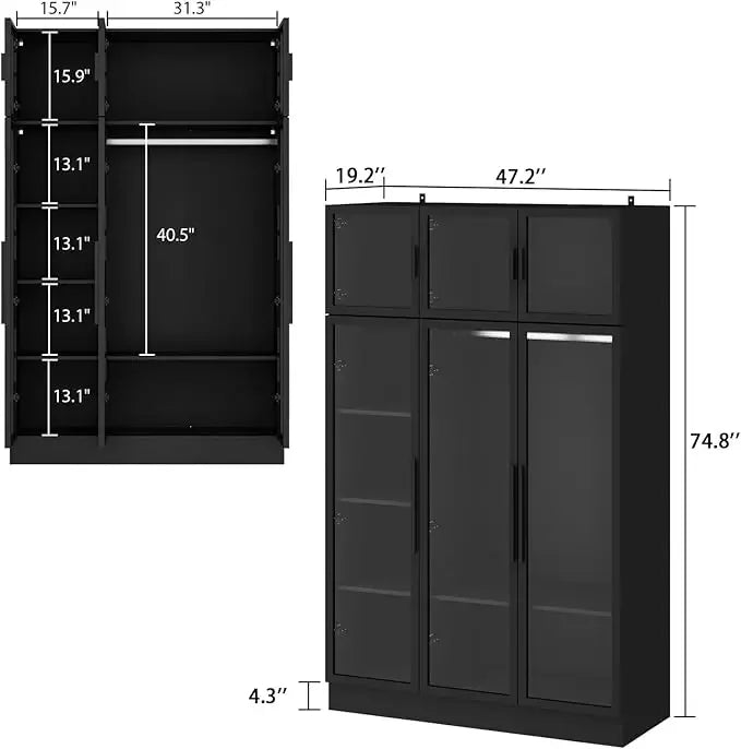 Wardrobe with LED Lights, 5-storey Bookshelf and 6 Glass Doors, 47.2-inch Wooden Display Cabinet with Hanging Pole