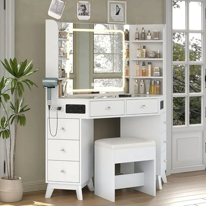 Corner Vanity Desk with Bluetooth Speaker, 8 Drawers &amp; 6 Shelves, Modern Vanity with Mirror and Lights, Makeup Vanity with Glass
