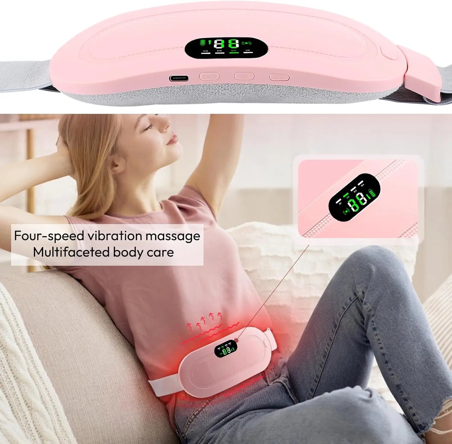 Portable cordless heating pad, fast heating pad, electric waist belt device, 3-speed vibration and heating levels, back and abdo