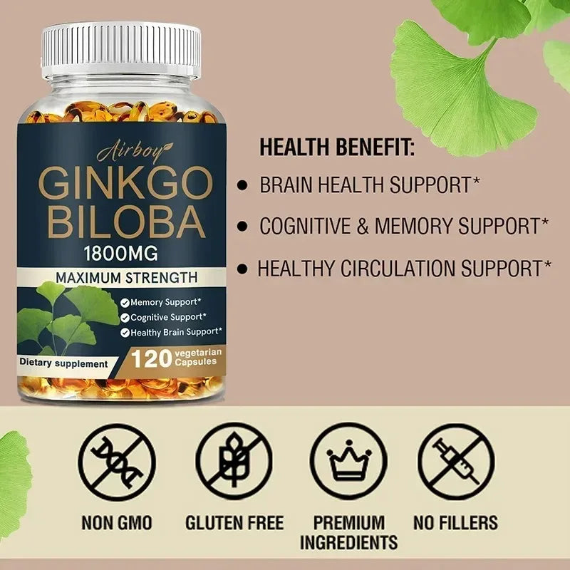 Ginkgo Biloba Capsules - Brain Health Supplement That Helps Blood Circulation, Metabolism and Energy Levels