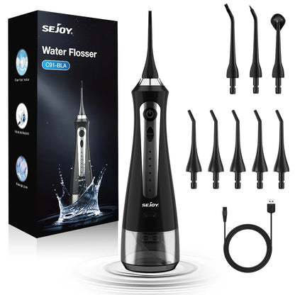 SEJOY Portable Electric Water Flosser Irrigator Dental Teeth Whitening strips 230ML Tank 5 Modes 5 Jet Tips For Home Travel