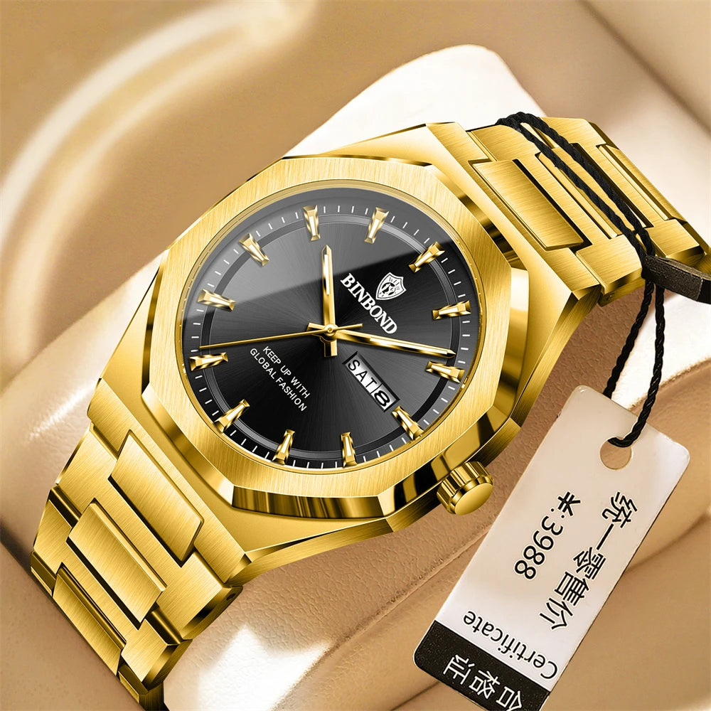 BINBOND Luxury Quartz Man Wristwatch Sport Men Watches Waterproof Luminous Date Week Stainless Steel Men&