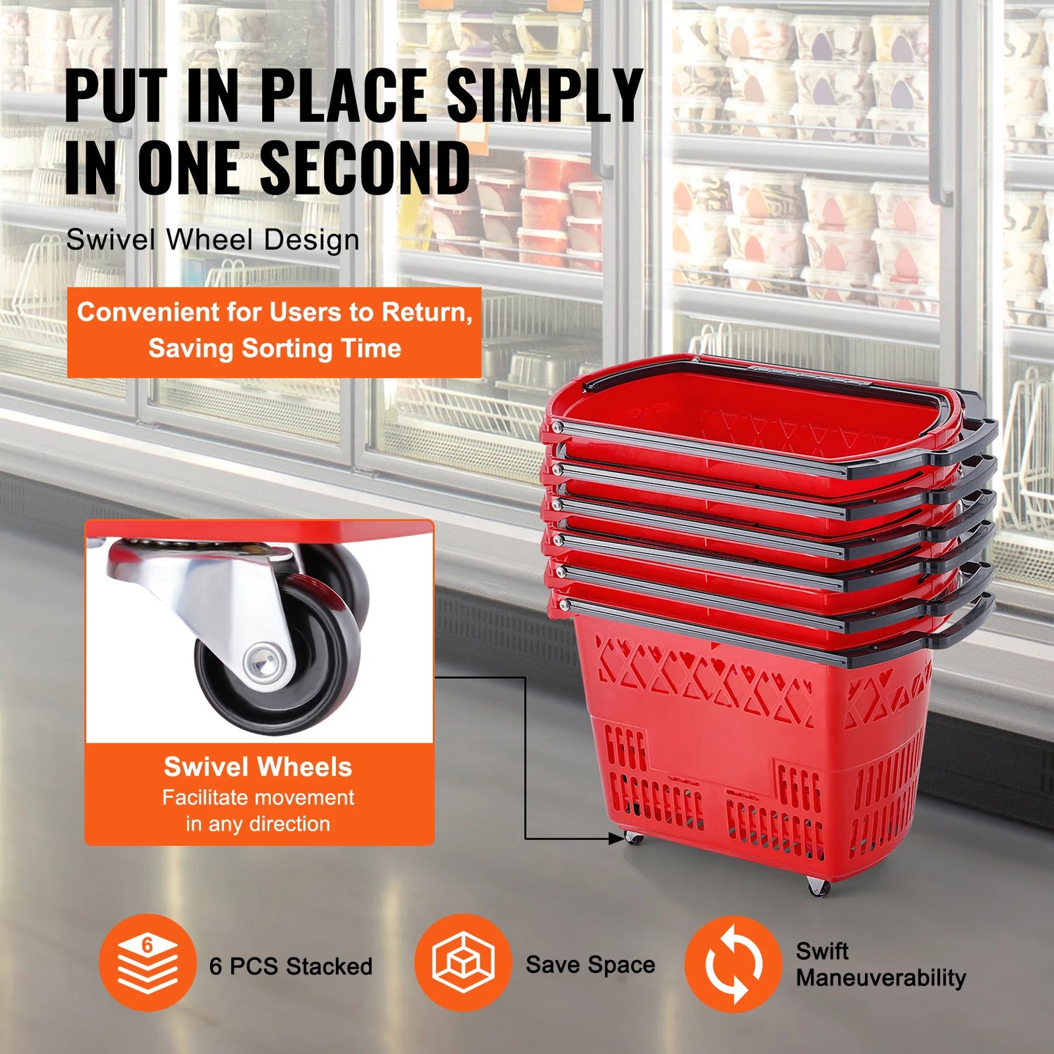 SucceBuy 6PCS Shopping Baskets 39L Rolling Shopping Carts with Handles &amp; Wheels Portable  for Supermarkets Retail Stores Grocery