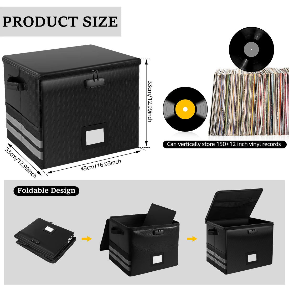 Large Foldable Organizer with Lock Fireproof Waterproof Vinyl Record Storage Box for Home Office Multi-functional Organizer