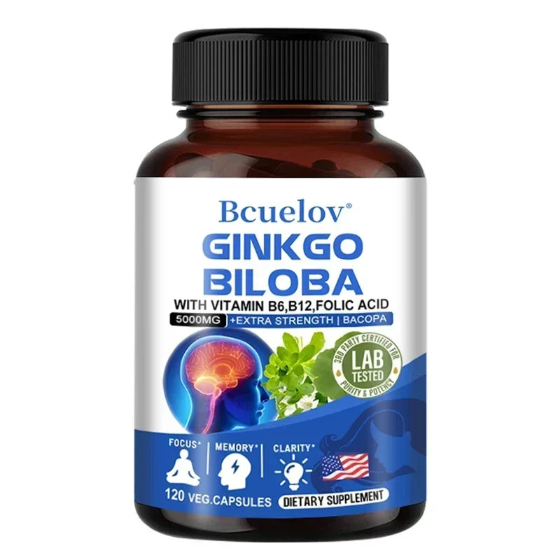 Ginkgo Biloba 5000 mg Extra Strength - Supports Brain Function and Memory, Focus, Stress Relief, 120 Veggie Capsules